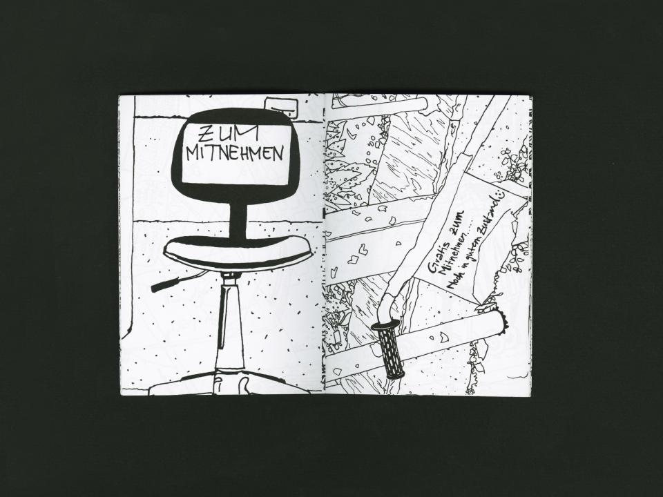 Black and white pen drawing of chair 