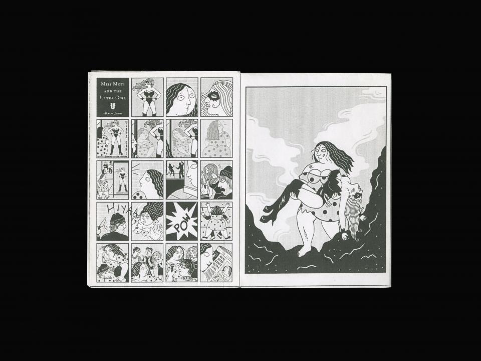 Black and white comic with real life female super hero