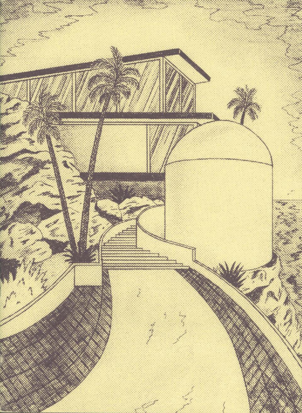 Drawing of house and palm trees 