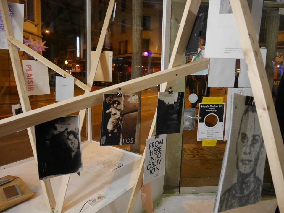 Wooden installation with books